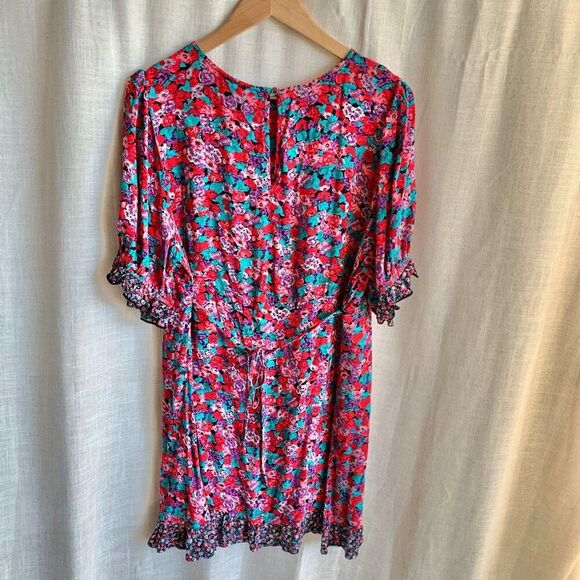 RIXO Womens Bold Floral Dress 16W 18W Short Sleeve Ruffle Hem Mini Boho Party - Picture 13 of 16